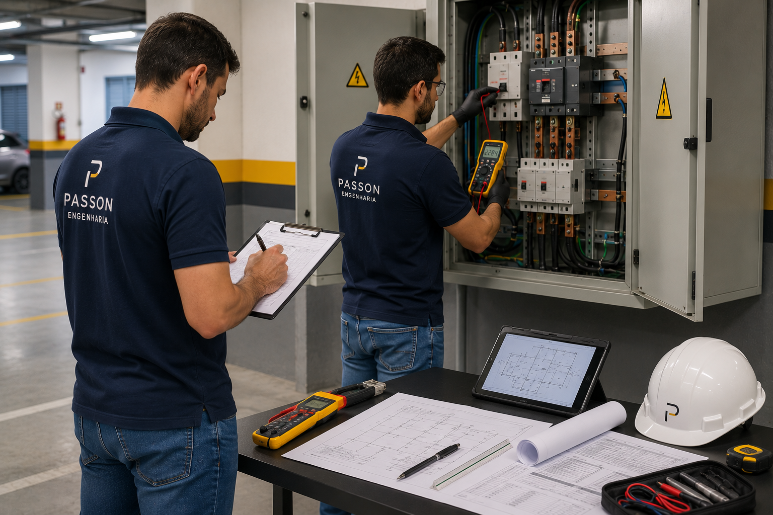 Engenheiros avaliando quadro de distribuição elétrica em campo